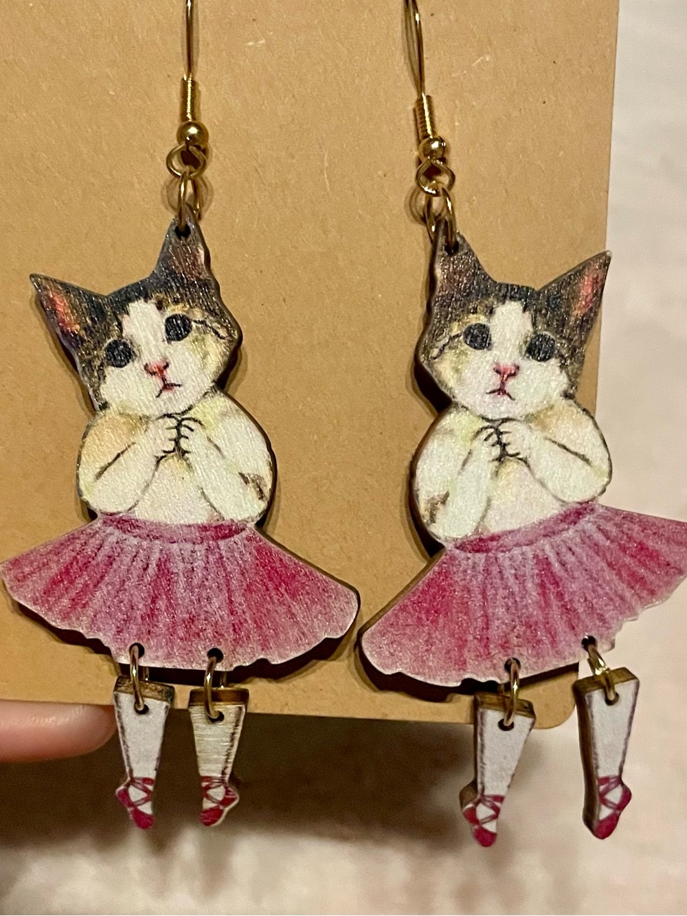 Pink Cat Shaped Ballerina Earrings - Picture 3 of 3